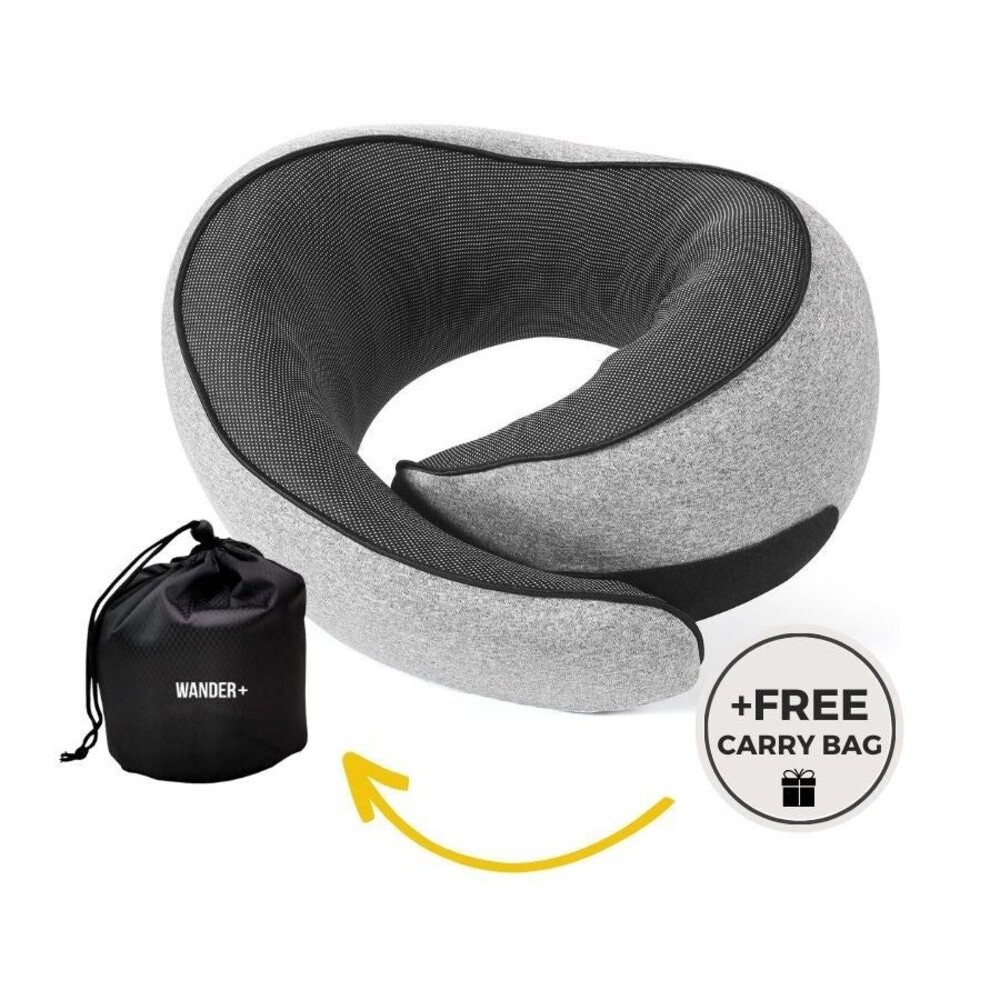 Wander Plus Travel Neck Pillow Memory Foam Wrap Around Support Grey & Bag